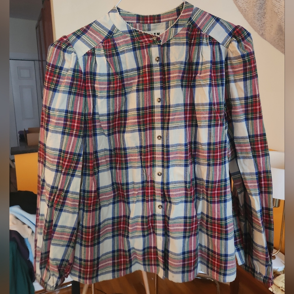 Boden Brushed Cotton Plaid Button Front Top